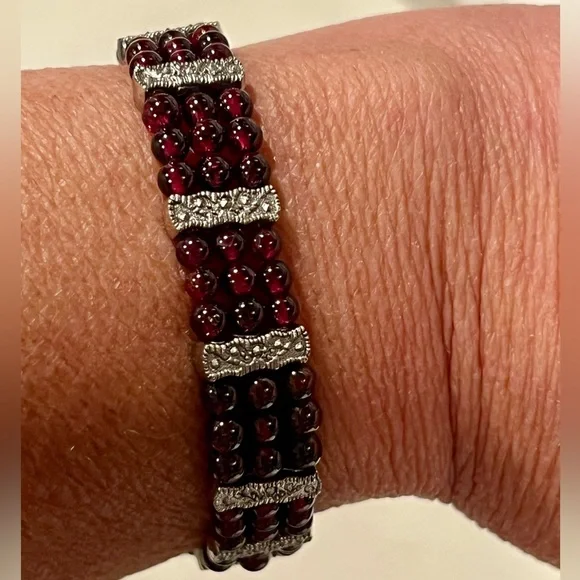 Vintage Marcasite, silver and Red Garnet Triple Row Beaded Bracelet - Picture 8 of 11